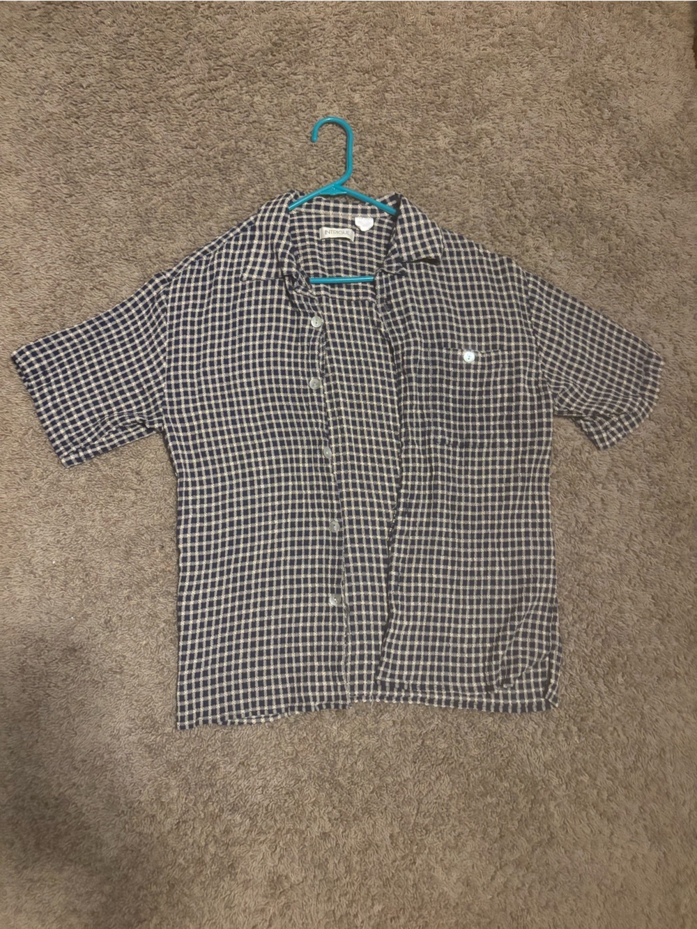 Men's Short-Sleeve Navy and White Check Button-Down Shirt